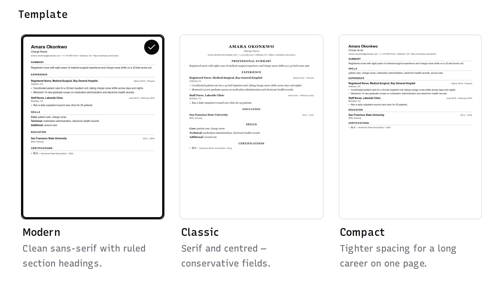 The template picker: Modern, Classic and Compact shown as three real résumé pages, with Modern selected.